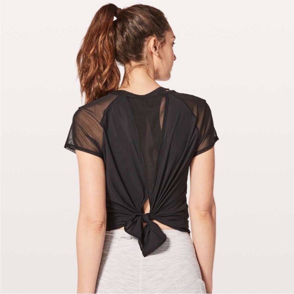 Lululemon Mix and Mesh Black Shirt (with mesh sleeves and tie back)